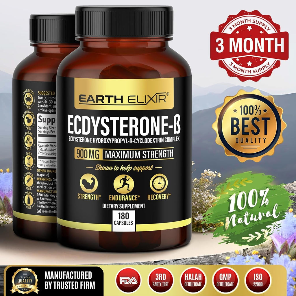 Earth Elixir Ecdysterone Supplements 900Mg (180Capsules) – Made in USA - Muscle Building Supplements for Men W/ 95% Beta Ecdysterone W/Hydroxypropyl-Β-Cyclodextrin for Enhanced Bioavailability