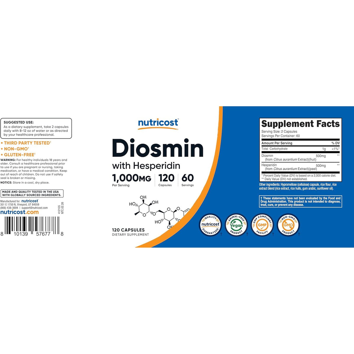Nutricost Diosmin with Hesperidin (1000Mg) Complex 120 Capsules - 500Mg of Diosmin and 500Mg of Hesperidin per Serving (60 Servings), Vegan, Gmo-Free, Gluten-Free