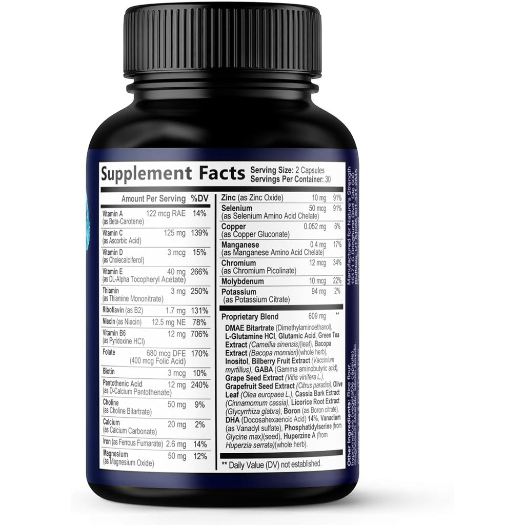 Brain Memory Supplement Pills - 3X Strength Nootropics for Concentration, Clarity & Focus Support - Brain Health Cognitive Vitamins with Bacopa, Phosphatidylserine & DMAE, Brain Booster - 60 Capsules