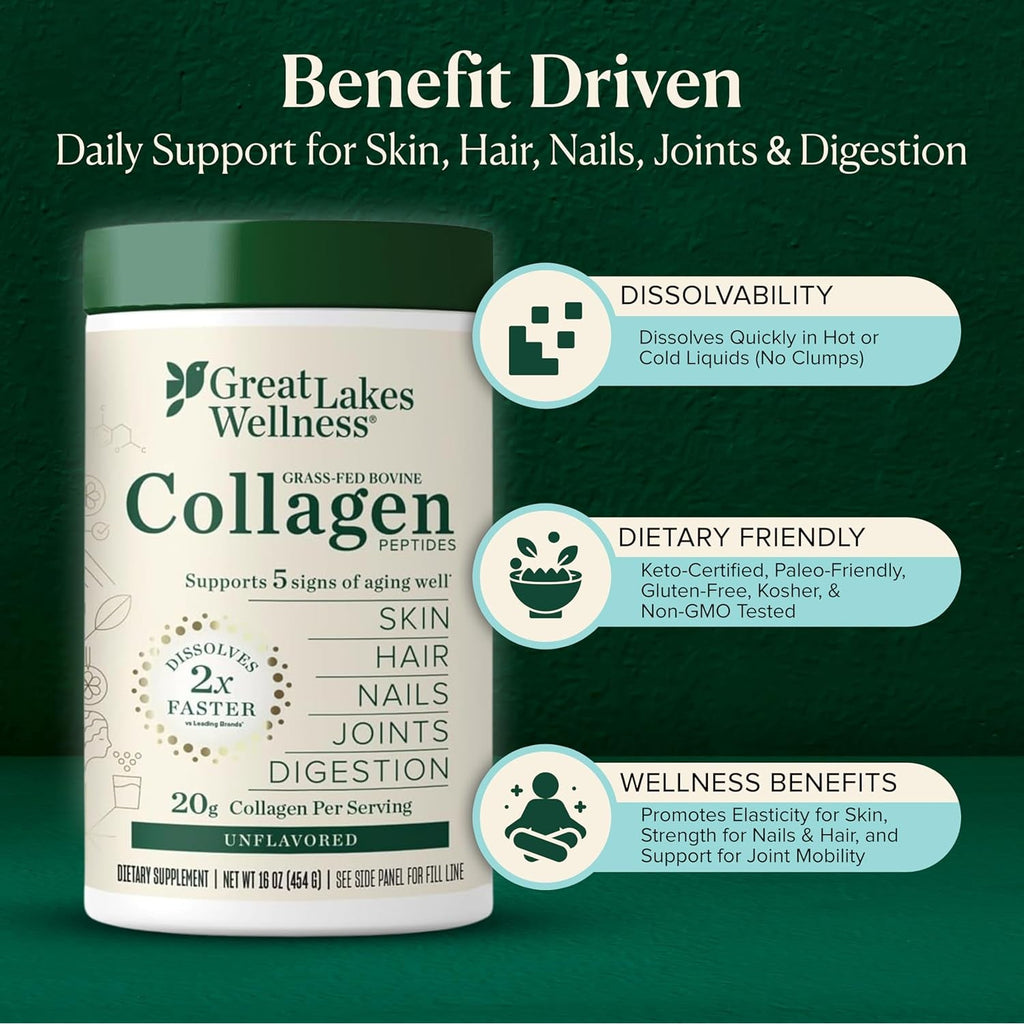Great Lakes Wellness Collagen Peptides Powder – Supports Skin, Hair, Nails, Joints & Digestion – Hydrolyzed, Quick Dissolve, Non-Gmo, Keto & Kosher – Pure Collagen Protein (16 Oz, 22 Servings)