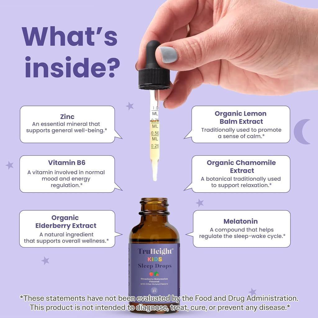 Truheight Kids Sleep Tincture Ages 2+ (Watermelon Flavor) - Babies, Toddlers & Kids Natural Sleep Aid - Baby, Toddler, Child Melatonin 2 Year Old+ - Vitamin B6, Riboflavin, Zinc, Copper, Lemon Balm