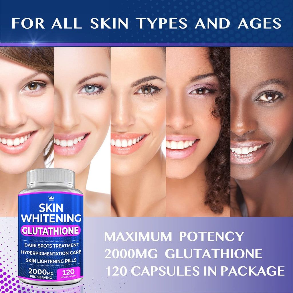 Glutathione Whitening Pills - 120 Capsules 2000Mg Glutathione - Effective Skin Lightening Supplement - Dark Spots, Melasma & Acne Scar Remover, Hyperpigmentation Treatment - Anti-Aging Antioxidant