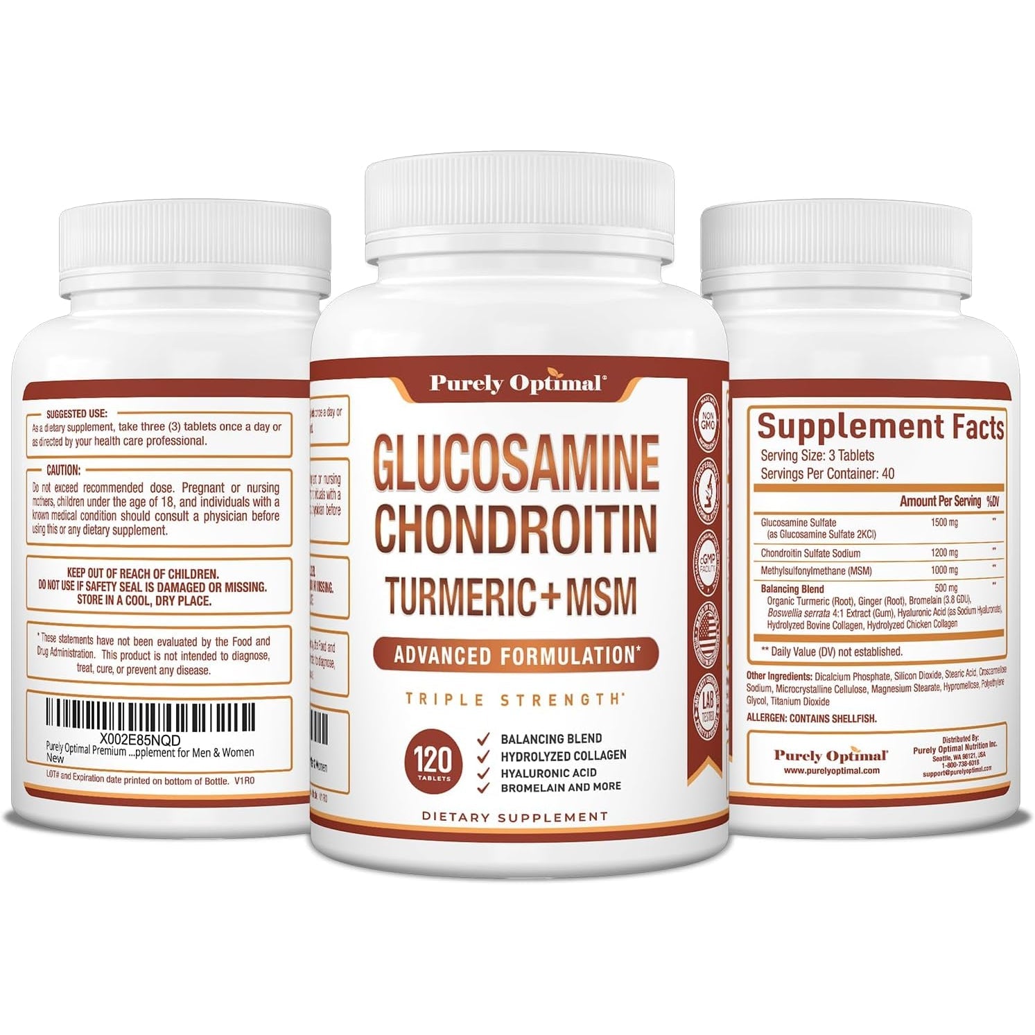 Purely Optimal Glucosamine Chondroitin MSM Supplement W/Turmeric & Boswellia - Glucosamine Sulfate Joint Supplement for Men & Women - 120 Tablets