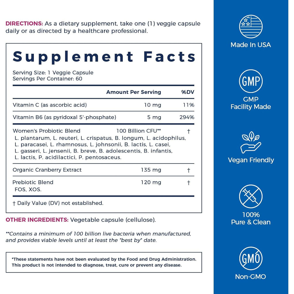 Newrhythm Probiotics for Women, P-5-P, Vitamin C & Organic Cranberry, 100 Billion CFU 18 Strains, Prebiotics & Vaginal Probiotics for Digestive Health & PH Balance, 60 Capsules, No Dairy