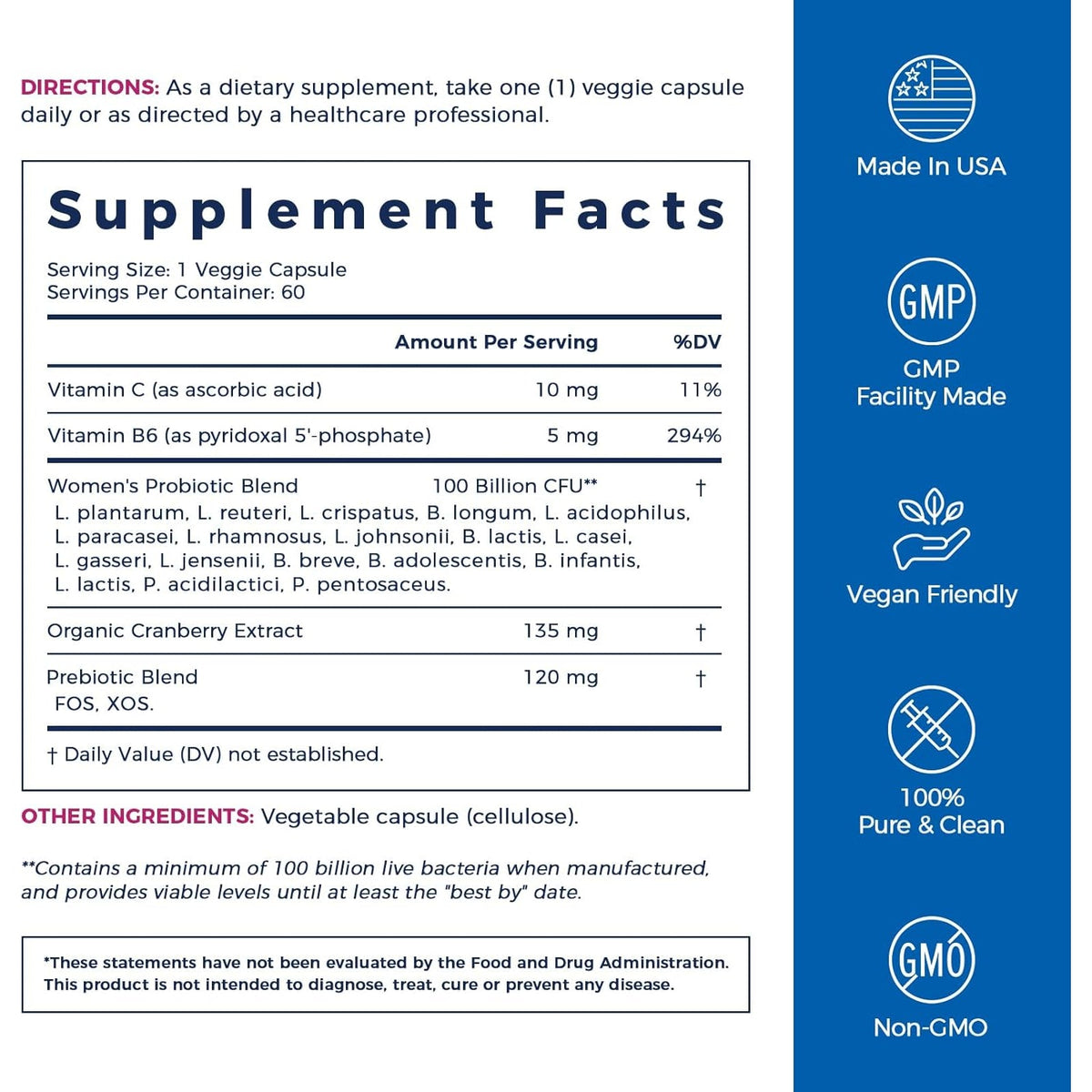 Newrhythm Probiotics for Women, P-5-P, Vitamin C & Organic Cranberry, 100 Billion CFU 18 Strains, Prebiotics & Vaginal Probiotics for Digestive Health & PH Balance, 60 Capsules, No Dairy
