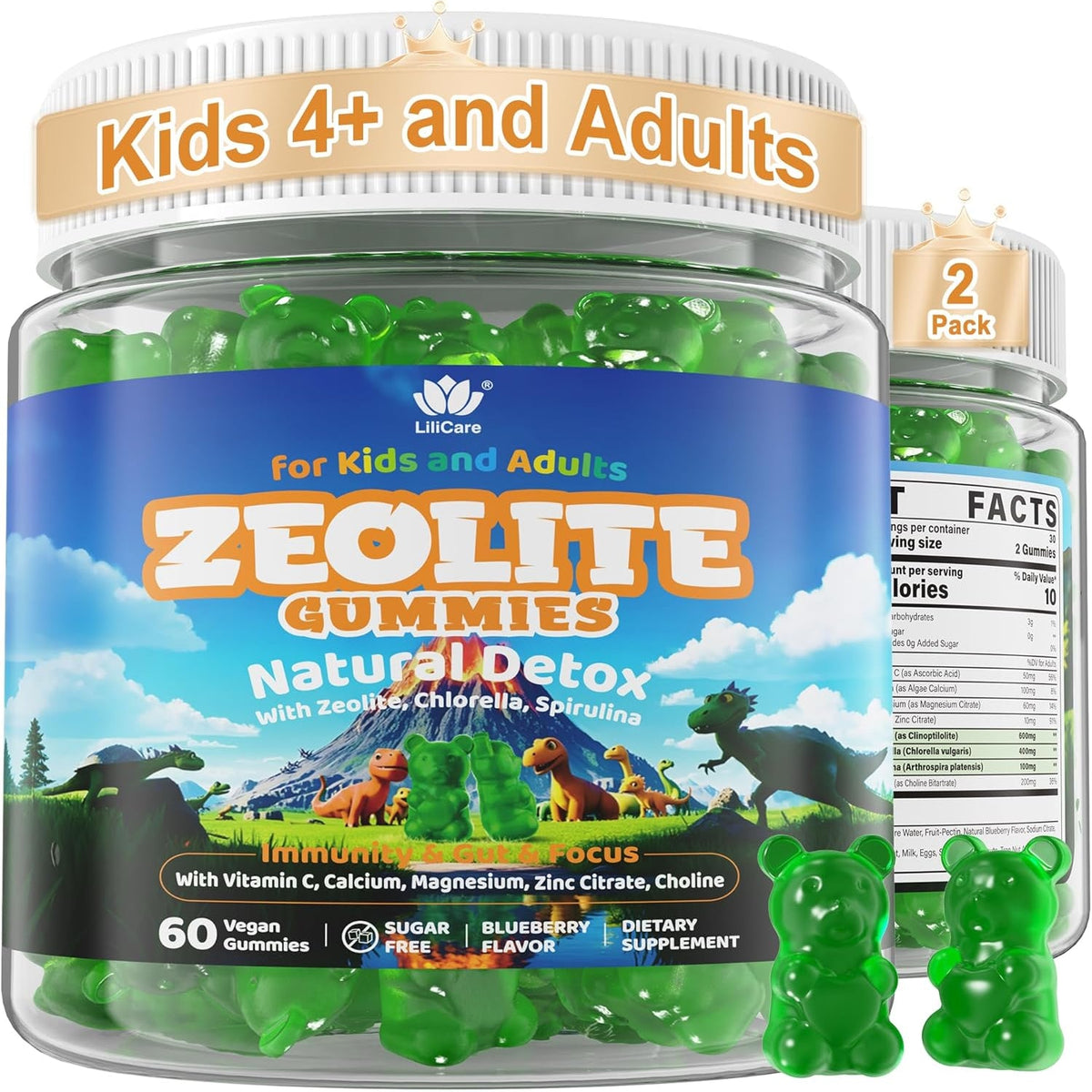 Zeolite Dêtõx for Kids & Adults, Sugar Free Kids Tõxin Dêtõx Gummies W/ Chlorella, Spirulina, Minerals, Choline - Gentle Heavy Mêtâl Dêtõx for Digestive, Immune, Focus, Energy, Bone, Vegan, 120Cts