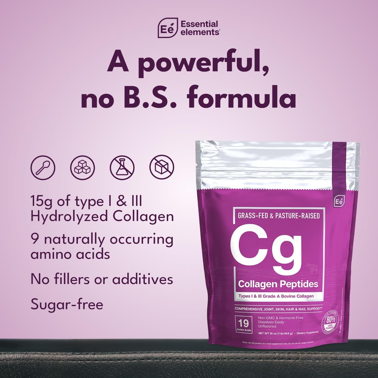 Essential Elements Hydrolyzed Collagen Peptides Powder for Men & Women - Joint, Skin, Hair & Nail Support - 15 Grams of Type I & III Grass-Fed Bovine Collagen - 30 Servings