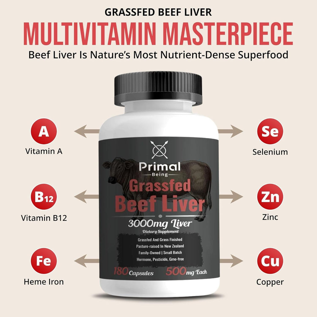 Primal Being Grassfed Beef Liver - 3000Mg Freeze Dried Capsules - Pasture Raised in New Zealand - Natural Beef Organ Supplement - Liver Supplement for Energy and Wellness - 180 Count
