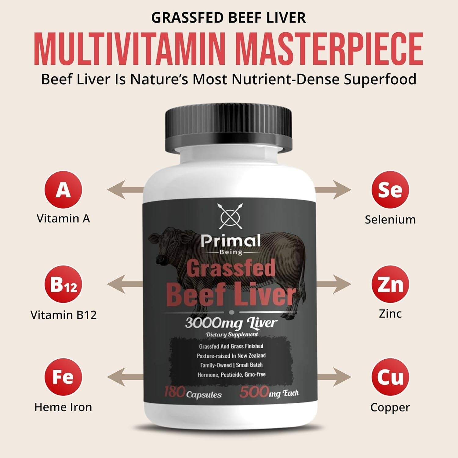 Primal Being Grassfed Beef Liver - 3000Mg Freeze Dried Capsules - Pasture Raised in New Zealand - Natural Beef Organ Supplement - Liver Supplement for Energy and Wellness - 180 Count
