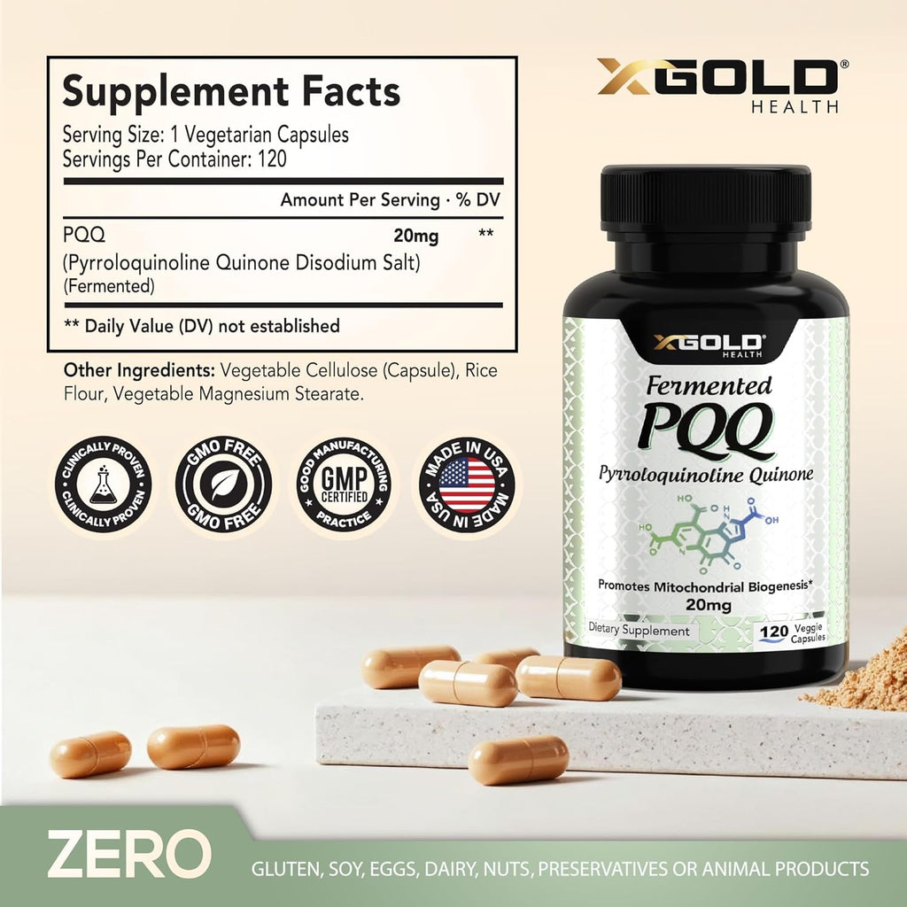 X Gold Health PQQ, Pyrroloquinoline Quinone, 20 Mg, 120 Capsules, Promotes the Growth of New Mitochondria, Gluten-Free, Non-Gmo, Vegetarian