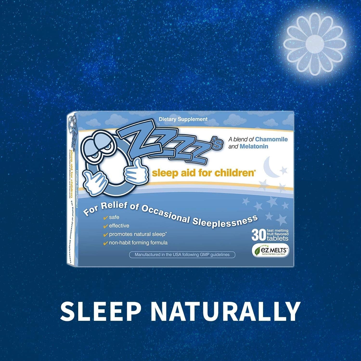 Ozzzz’S Sleep Aid for Children, with Melatonin and Chamomile, Pediatrician Formulated, Zero Sugar, Vegan, Orange Dream Flavor, 30 EZ Melt Tablets