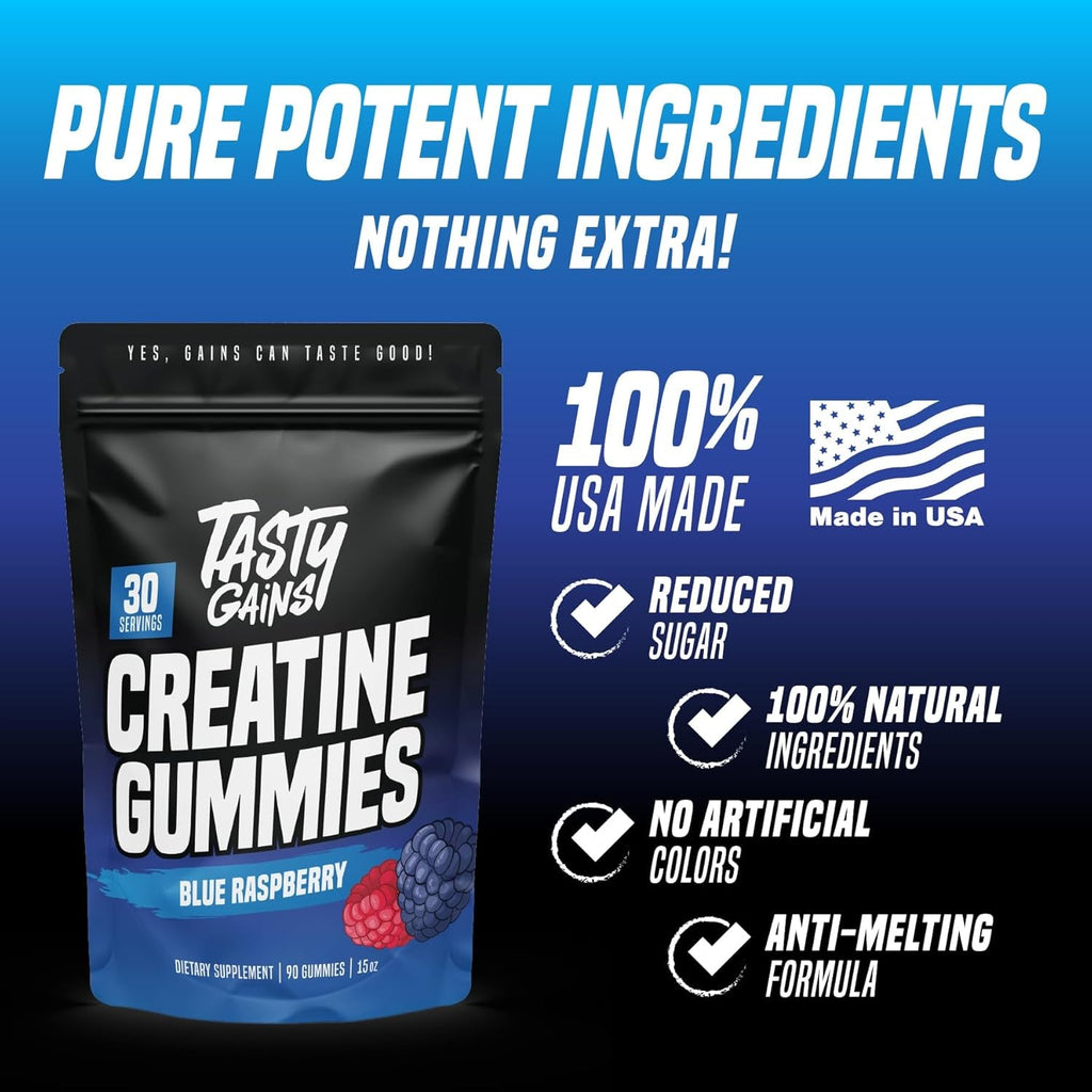 TASTY GAINS Creatine Gummies - 90G of Creatine Monohydrate - Workout Supplements - Build Muscle & Boost Strength for Men & Women - Made in USA - Non GMO - Vegan Friendly (Large, Blue Raspberry)