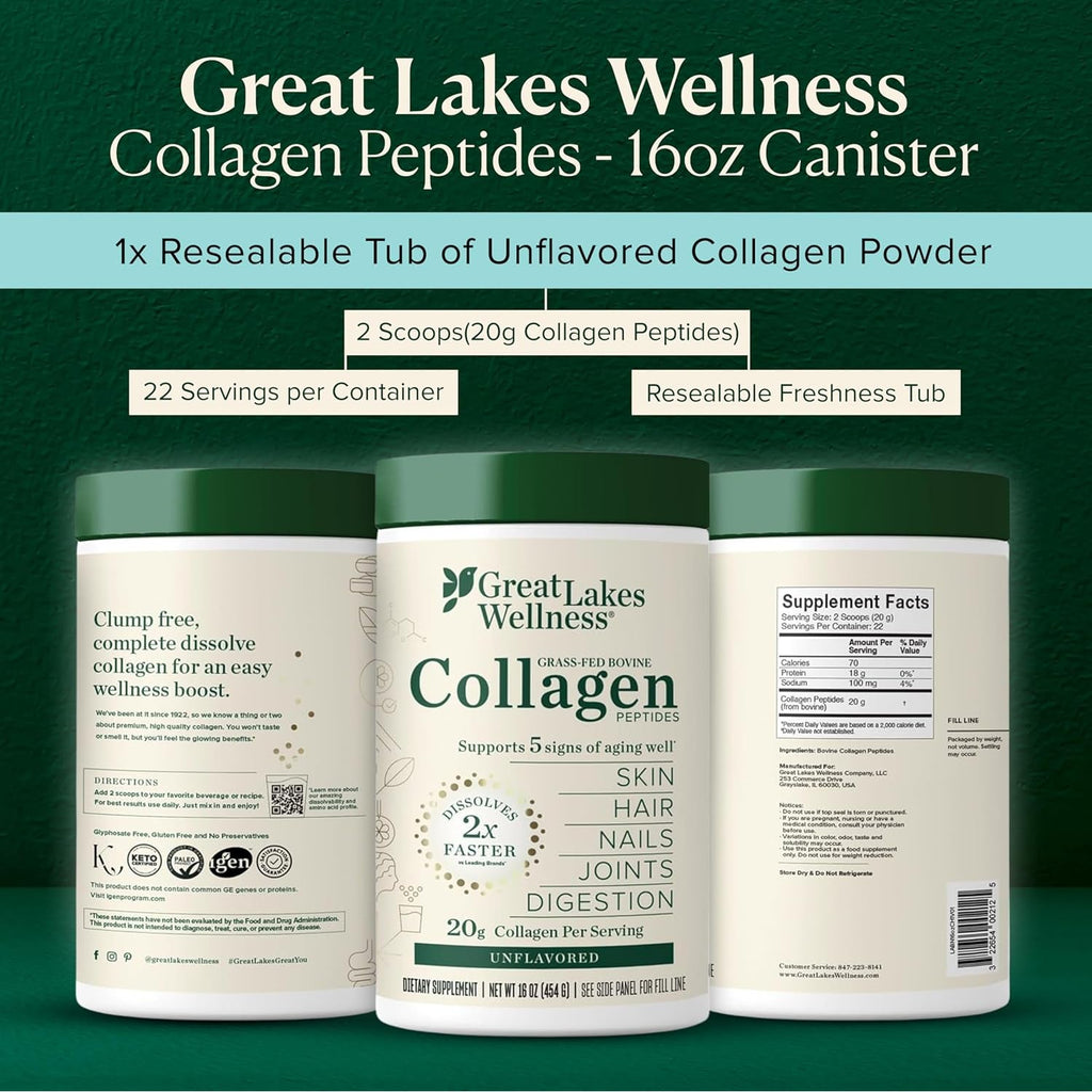 Great Lakes Wellness Collagen Peptides Powder – Supports Skin, Hair, Nails, Joints & Digestion – Hydrolyzed, Quick Dissolve, Non-Gmo, Keto & Kosher – Pure Collagen Protein (16 Oz, 22 Servings)