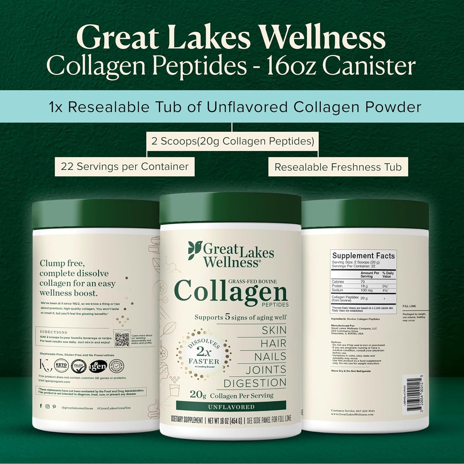 Great Lakes Wellness Collagen Peptides Powder – Supports Skin, Hair, Nails, Joints & Digestion – Hydrolyzed, Quick Dissolve, Non-Gmo, Keto & Kosher – Pure Collagen Protein (16 Oz, 22 Servings)