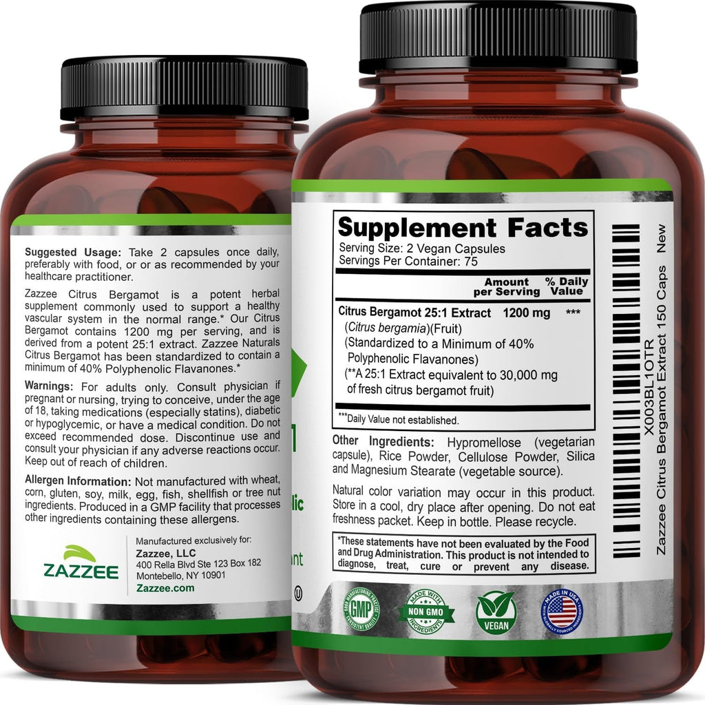 Zazzee Citrus Bergamot 25:1 Extract, 1200 Mg per Serving, 40% Polyphenolic Flavanones, 150 Vegan Capsules, 5 Month Supply, Citrus Bergamia, Antioxidant Support, Certified Kosher, Non-Gmo, Made in USA