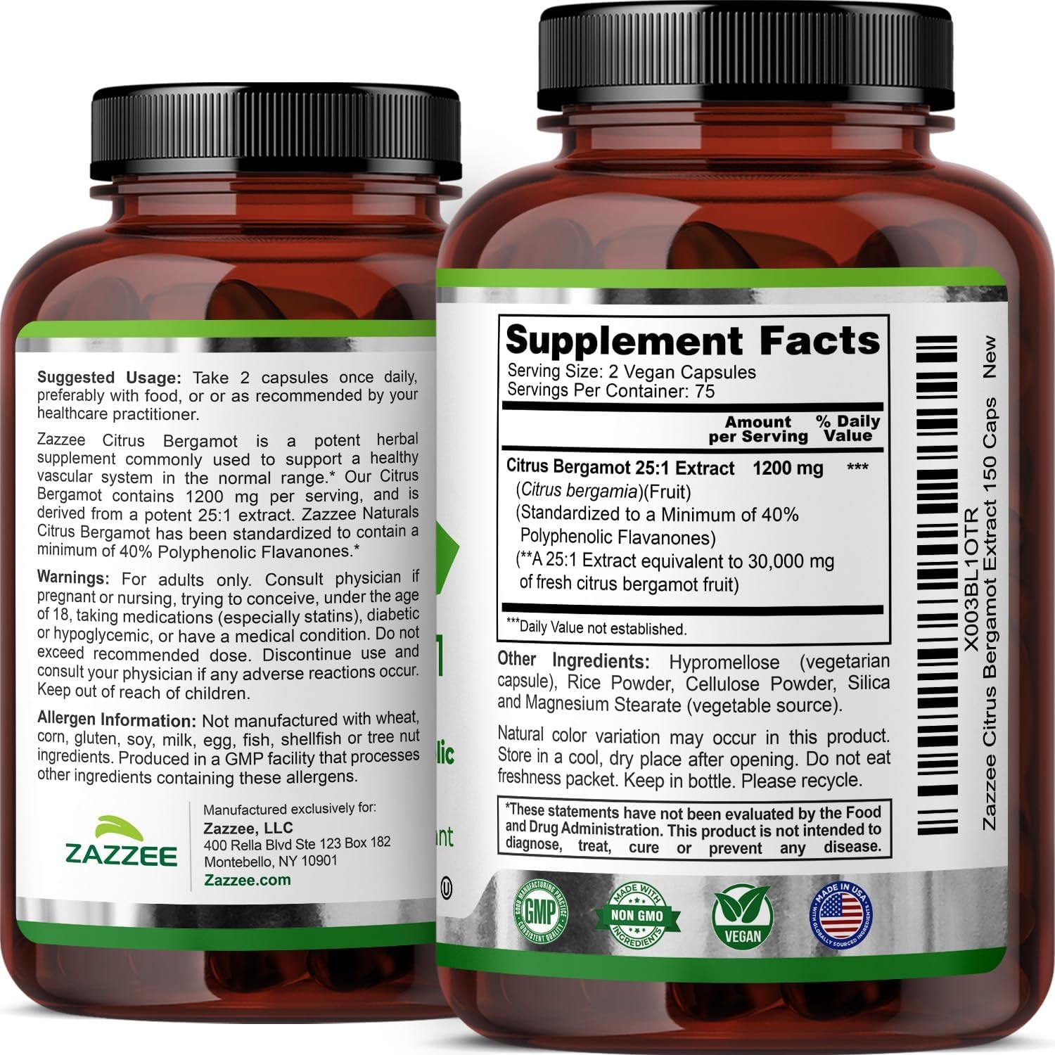 Zazzee Citrus Bergamot 25:1 Extract, 1200 Mg per Serving, 40% Polyphenolic Flavanones, 150 Vegan Capsules, 5 Month Supply, Citrus Bergamia, Antioxidant Support, Certified Kosher, Non-Gmo, Made in USA