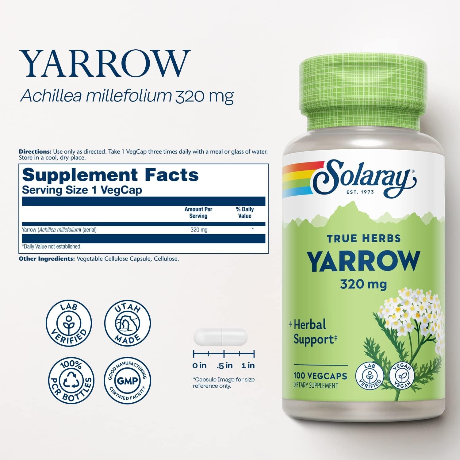 SOLARAY True Herbs Yarrow 320Mg, Whole Aerial - Yarrow Herbal Supplements for Wellness Support - Non-Gmo, Vegan, Gluten Free, Lab Verified, 60-Day Money Back Guarantee - 100 Servings, 100 Vegcaps