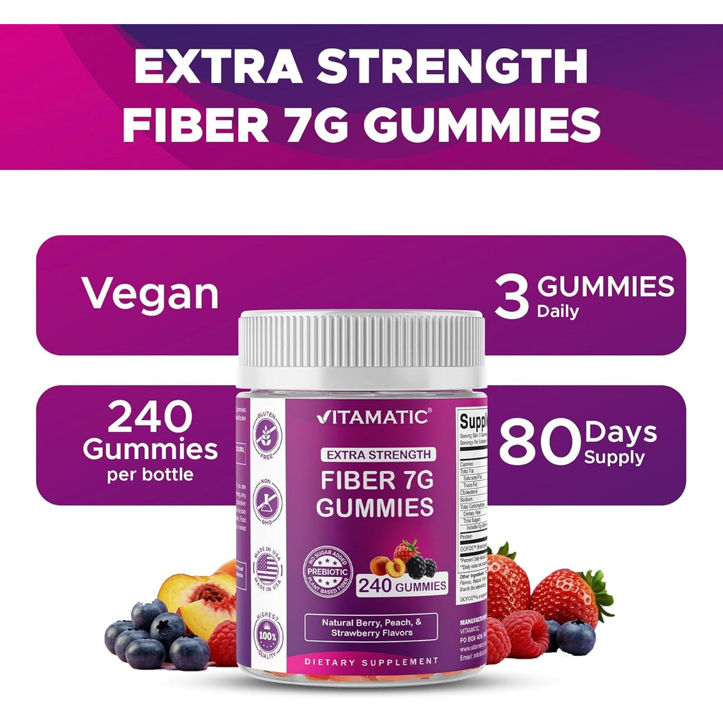 Vitamatic Prebiotic Fiber Gummies for Adults, 7G Extra Strength, Zero Sugar Added, 240 Pectin Based Gummies, Digestive Health & Regularity Support
