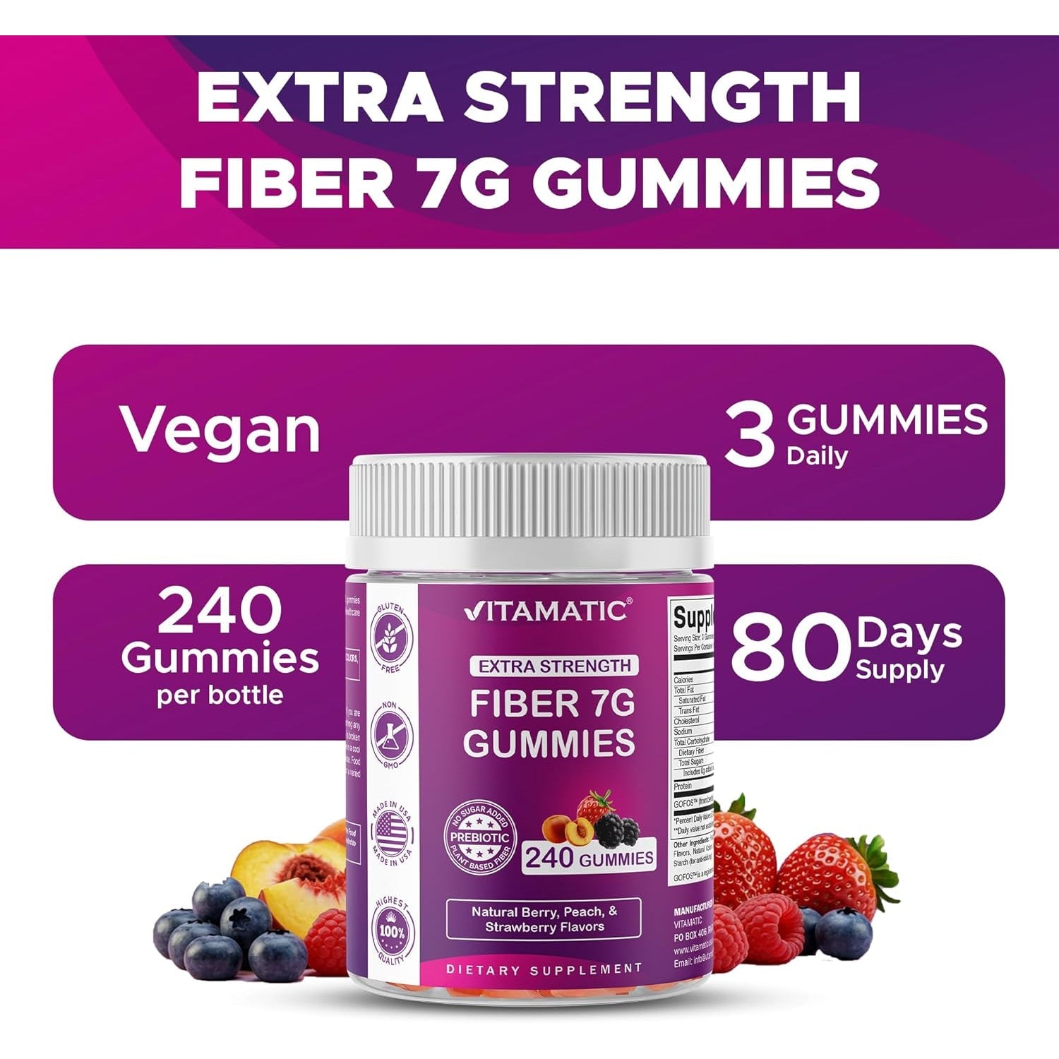 Vitamatic Prebiotic Fiber Gummies for Adults, 7G Extra Strength, Zero Sugar Added, 240 Pectin Based Gummies, Digestive Health & Regularity Support