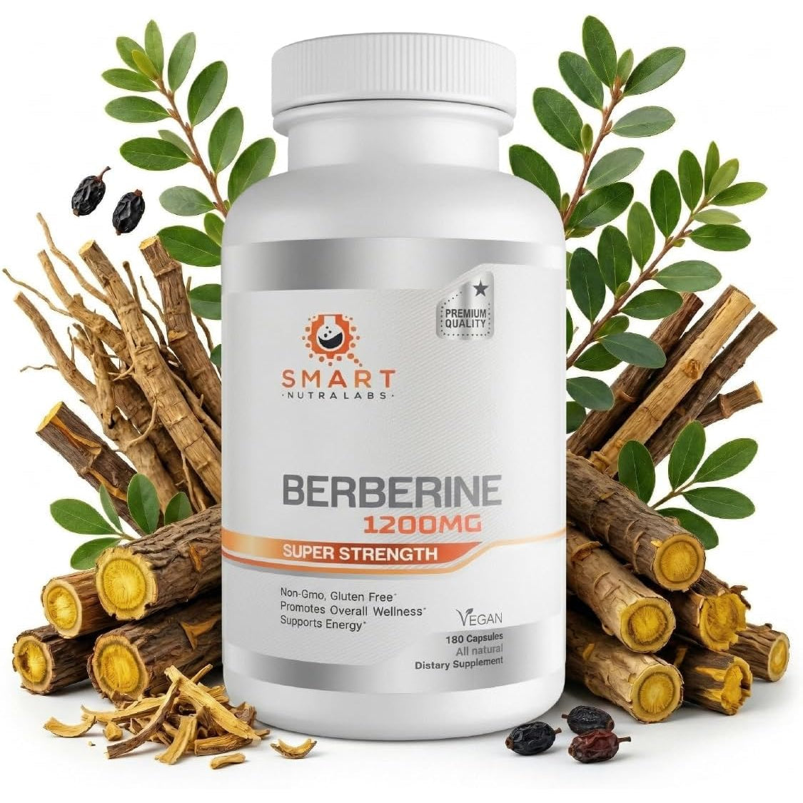 Smart Nutra Labs Premium Berberine HCL 1200Mg- 180 Vegan Capsules, 100% Pure Berberine Supplement- Non-Gmo, Gluten Free