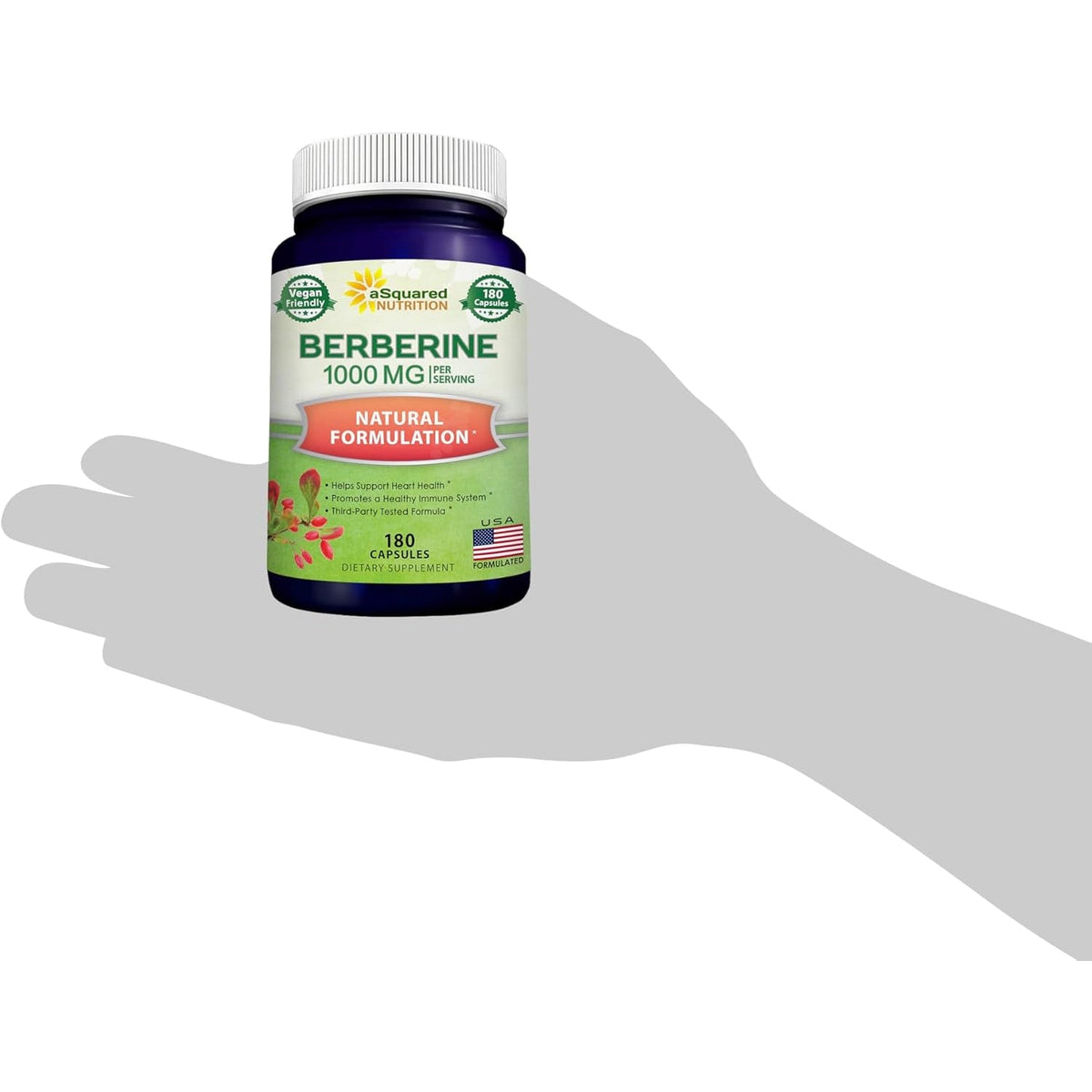 Asquared Nutrition Pure Berberine 1000Mg Supplement - 180 Veggie Capsules, Natural Berberine Hydrochloride HCL Plus, Max Strength 1000 Mg (2X 500Mg), Potent Berberine Vegan Extract