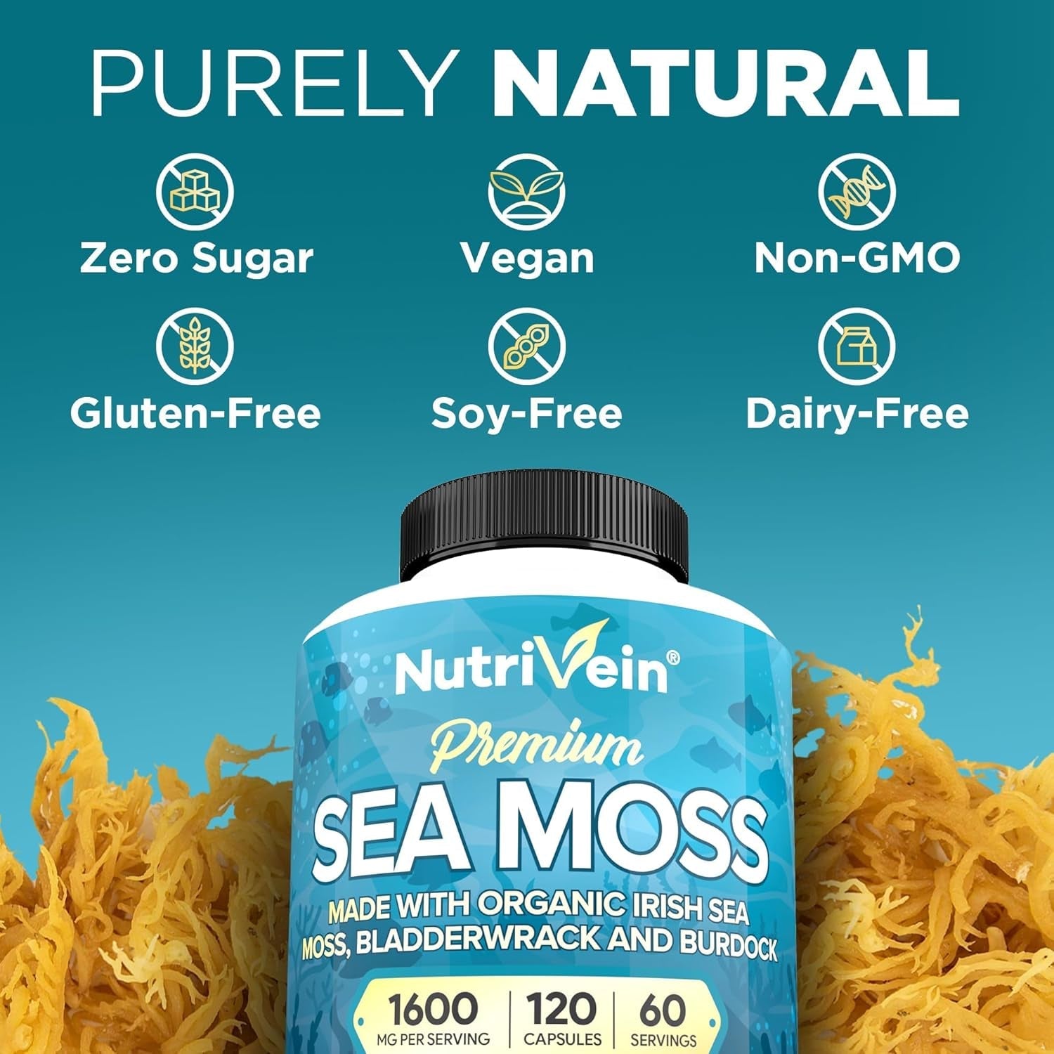 Nutrivein Organic Sea Moss 1600Mg plus Bladderwrack & Burdock - 120 Caps for Adults - Prebiotic Super-Food - Immune System & Digestive Health - Thyroid, Skin, Keto Detox, Gut, Joint Support