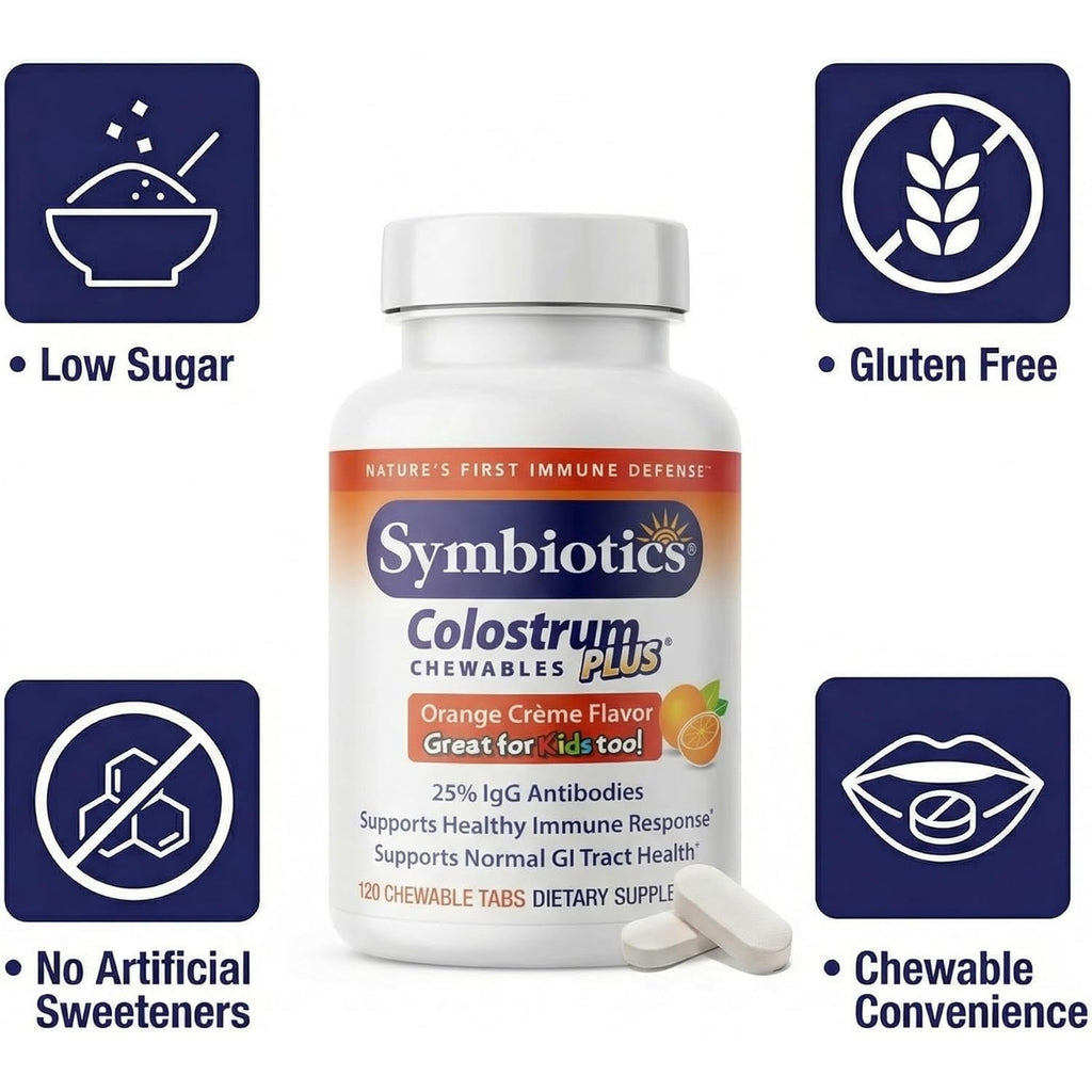 Symbiotics Naturade Colostrum Chewable Tablets Immune & Digestive Support with Lactoferrin, Gluten Free, Low Sugar, Easy Daily Wellness Nutrition (120 Count - Orange Cream)