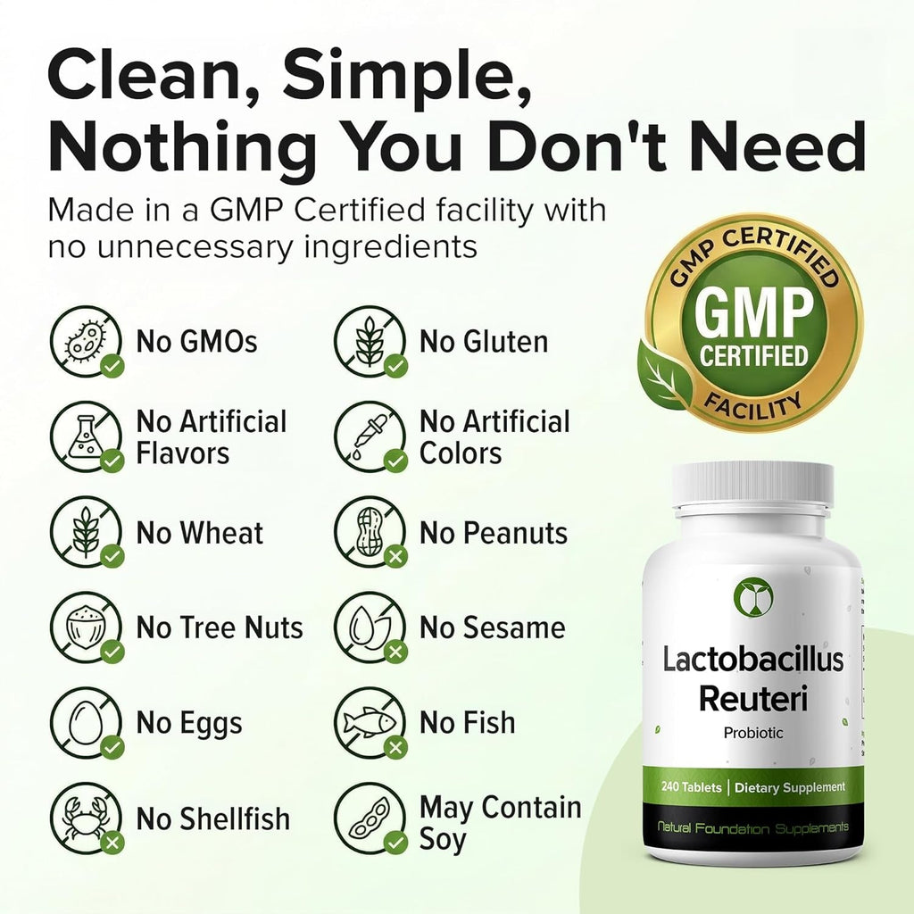 Lactobacillus Reuteri Probiotic 240 Tablets (4 Month Supply) – Researched Strain LR08 – 3 Billion CFU – Digestive Health & Gut Comfort – GMP Certified (240, Lactobacillus Reuteri)