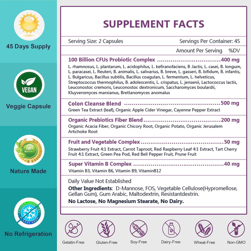NATURE TARGET Probiotics for Women-Men Digestive Health, Mens-Womens Probiotic with Prebiotics, 100 Billion for Gut and Immune Health, No Refrigeration, 90 Veggie Capsules (45 Days Supply)