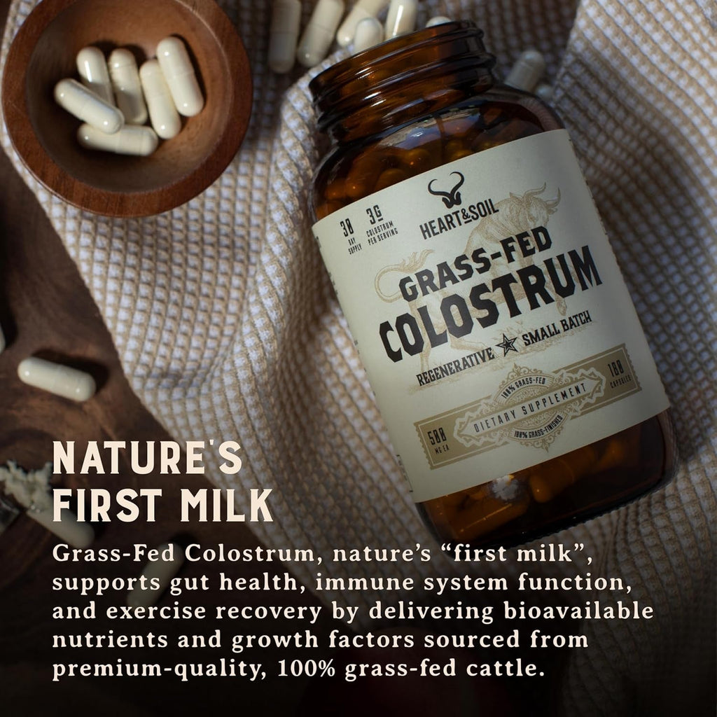 HEART & SOIL 100% Grass Fed & Finished Colostrum Supplement from Regenerative Cattle for Gut, Muscle & Immune Health – 3000Mg Bovine Colostrum Capsules - Gut Health for Men & Women –180 Capsules