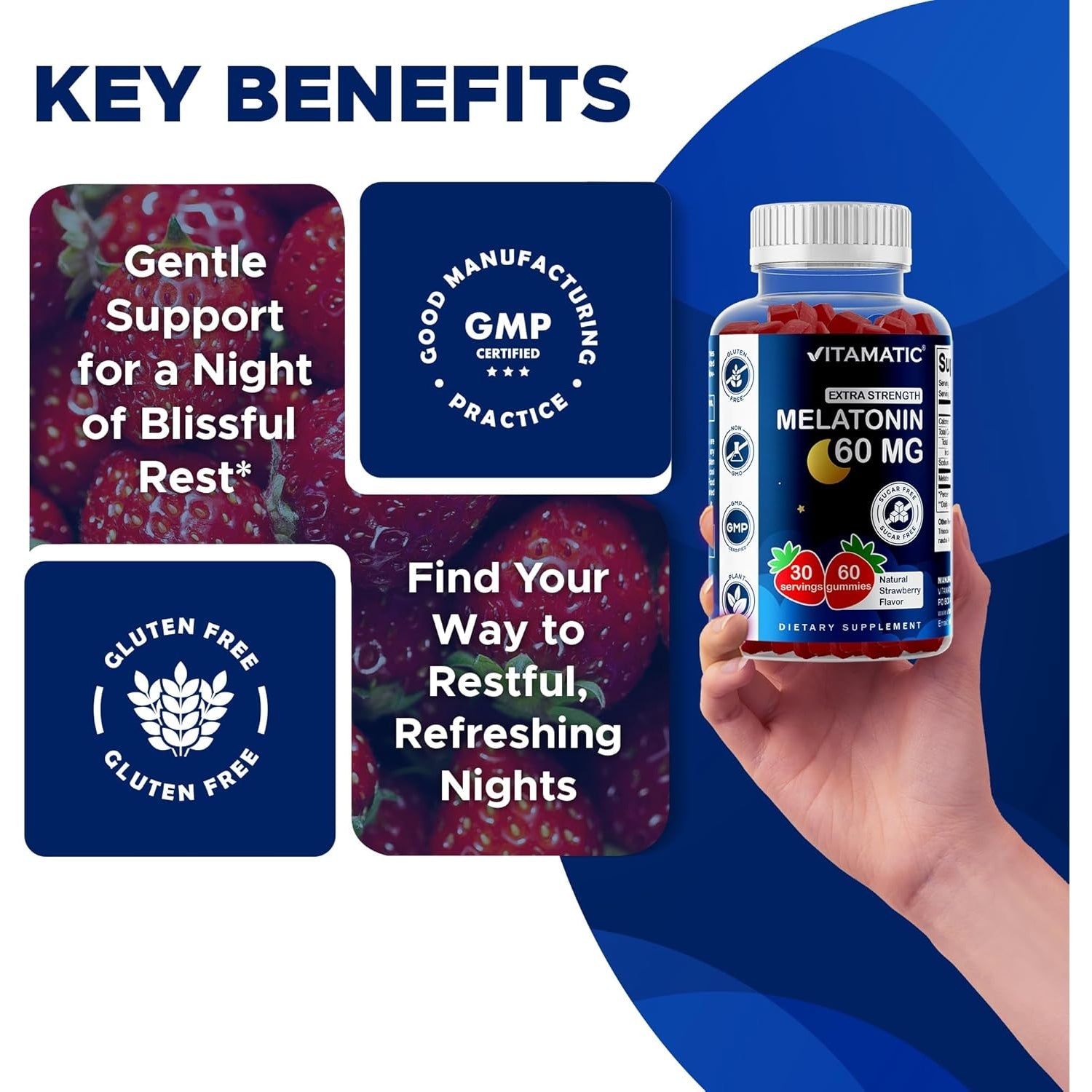 Vitamatic Sugar Free Melatonin 60 Mg - 60 Vegetarian Gummies - Non-Habit Forming Supplement