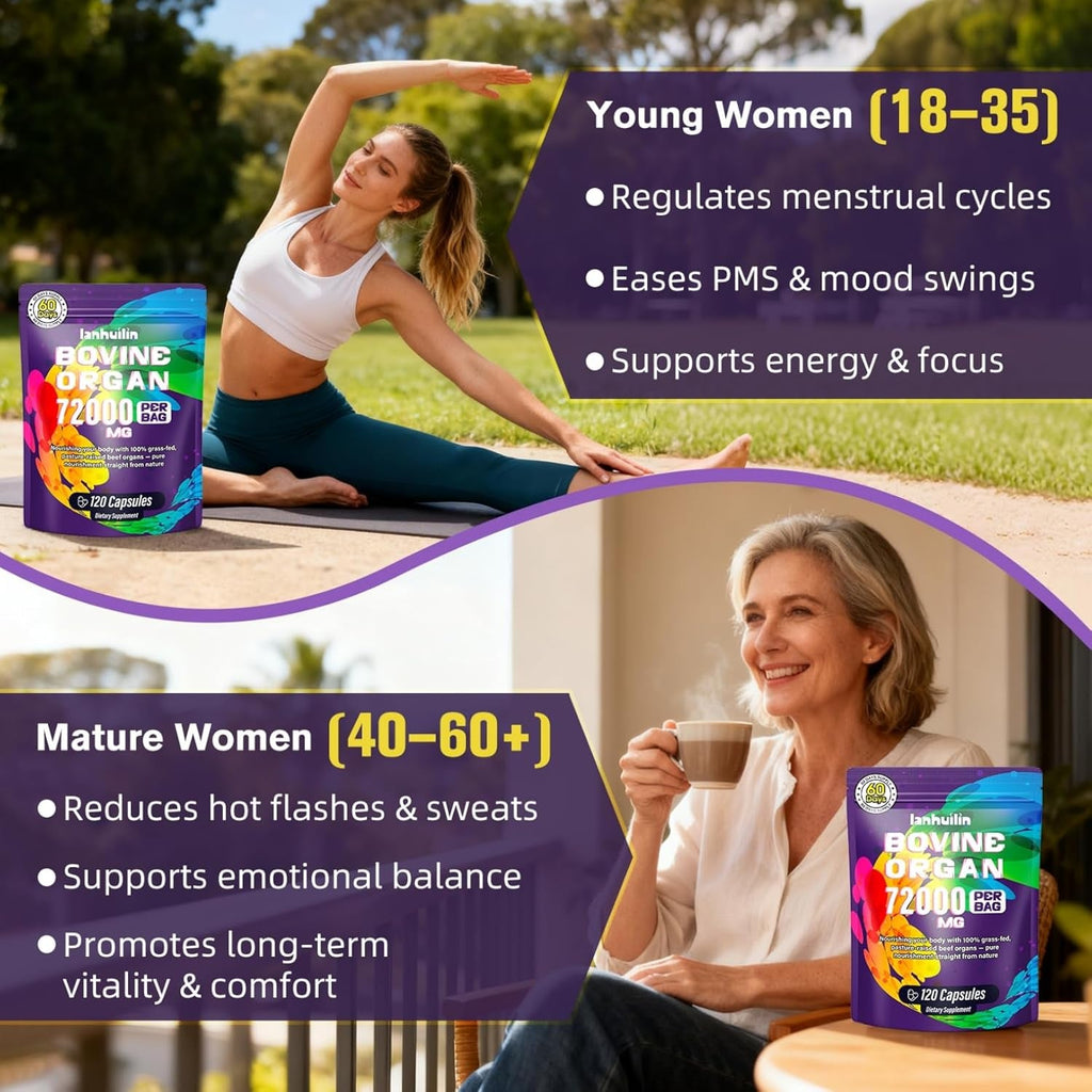 Beef Organ Supplement for Women - 100% Grass Fed Beef Organs with Bovine Liver, Ovary, Uterus, Kidney, Heart & Fallopian Tubes - PMS, Menopause & Energy, Immune & Mood Support, 120 Count