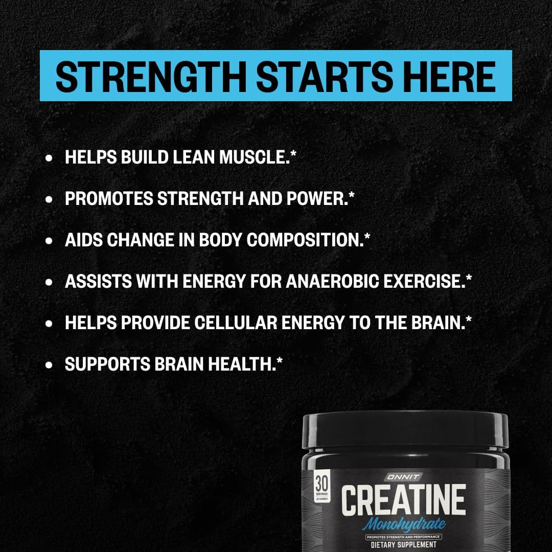 ONNIT Creatine Monohydrate Powder, IGEN(TM) Non-Gmo Tested 5G Premium Creatine for Muscle Strength, Power and Lean Mass, Supports Brain Health, Brain Cellular Energy, Unflavored, 30 Servings, 5.29 Oz