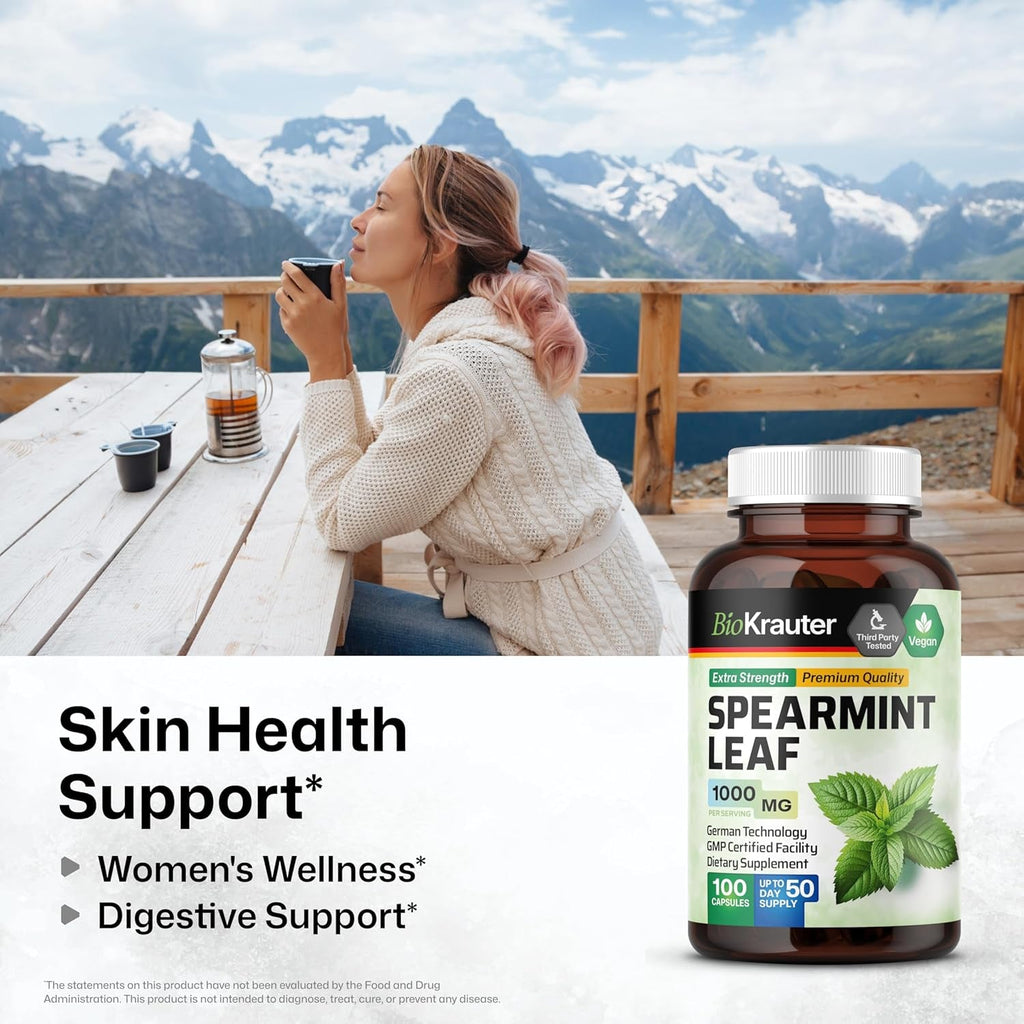 BIO KRAUTER® Spearmint Capsules for Skin Support - Vegan & Pure Spearmint Supplement 1000 Mg - Used for Women’S Wellness & Digestive Support - No Fillers, Non-Gmo - 50 Days of Supply, 100 Capsules