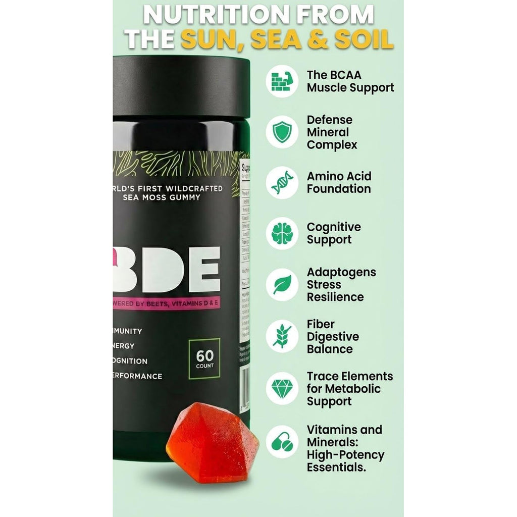 BDE Wildcrafted Sea Moss Gummy Maca Root, Beets, Lions Mane Mushroom, Vitamin D + E - Vegan Collagen, Zinc, Immunity & Detox, Gut Health - 60 Count