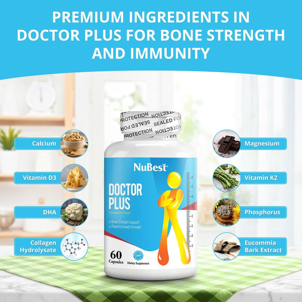 Nubest Doctor plus with Calcium, Vitamin D3, Vitamin K2 (MK7), Magnesium Capsules for Bone Strength, Healthy Bones, Immunity, Calcium Max Absorption for Age 10+ | 60 Capsules | 1 Month Supply