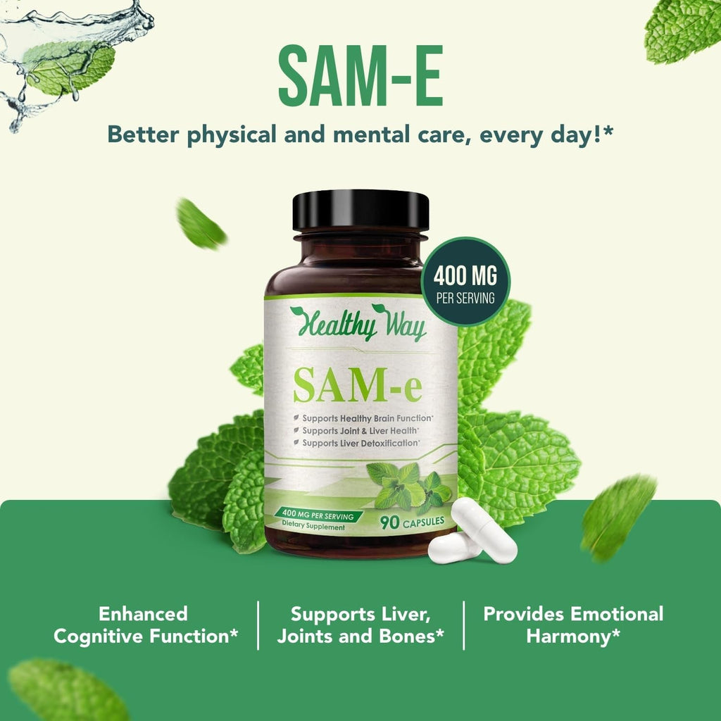 Sam-E 400Mg Capsules - Easy Absorption SAM E Supplement 400Mg from S-Adenosyl-Methionine for Brain Liver and Mood Support - Non-Gmo Gluten Free & Made in Cgmp Facility (90 Servings)