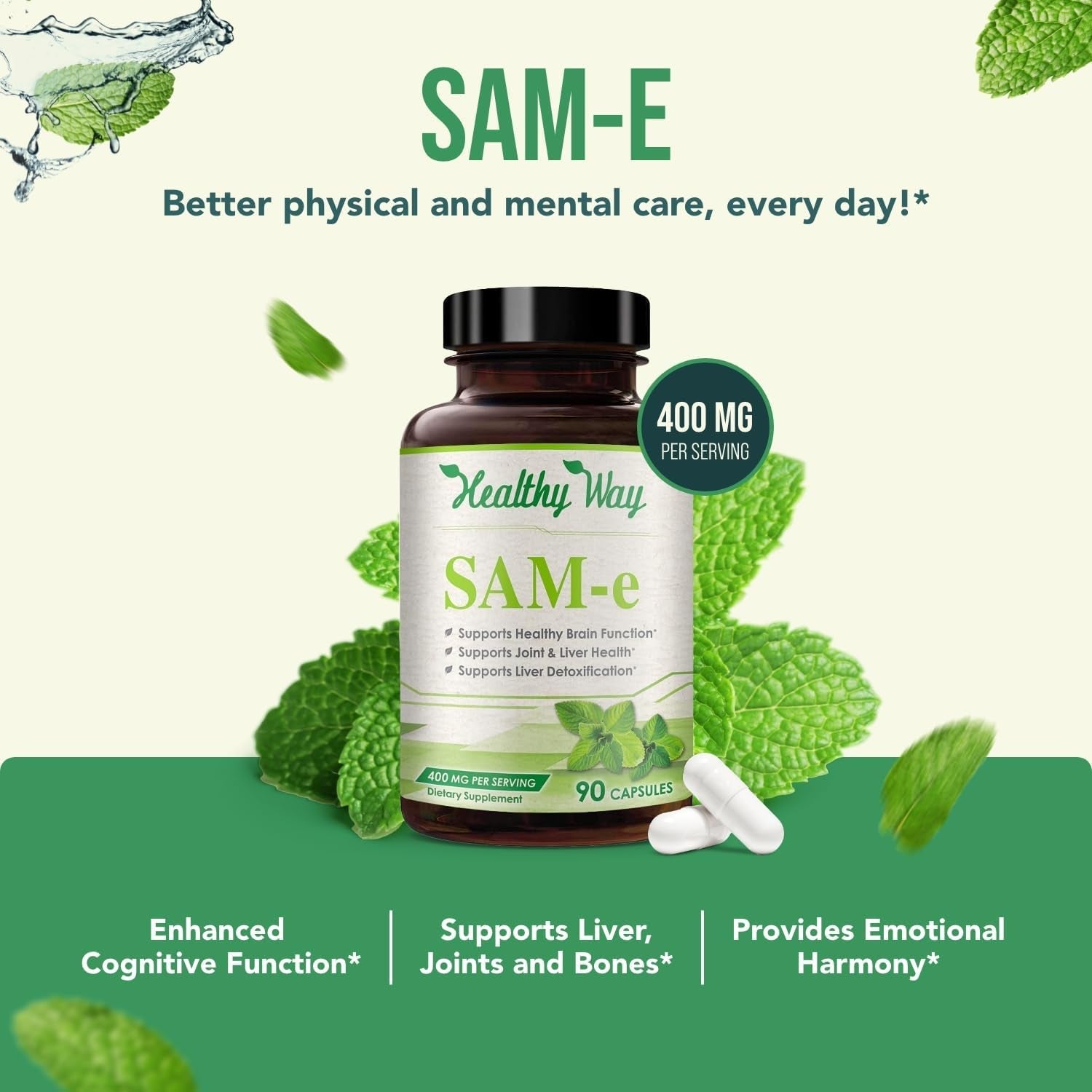 Sam-E 400Mg Capsules - Easy Absorption SAM E Supplement 400Mg from S-Adenosyl-Methionine for Brain Liver and Mood Support - Non-Gmo Gluten Free & Made in Cgmp Facility (90 Servings)