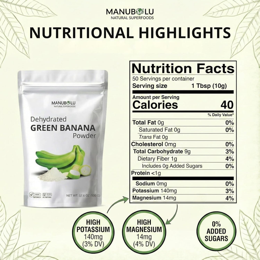 MANUBOLU Resistant Starch Green Banana Powder 1.1 Lb | Prebiotic Fiber | 100% Natural, Sugar Free | Gluten Free, Paleo & Vegan Superfood | 500G