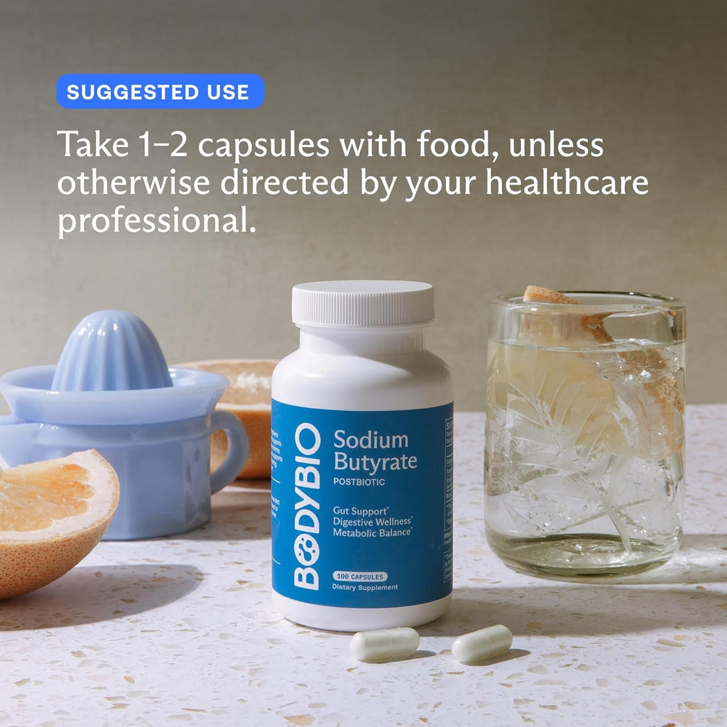 Bodybio Butyrate - Postbiotic for Gut Health, Digestive Support, Bloat, Gas & Constipation Relief, Leaky Gut Repair - Sodium + Butyric Acid Supplement for GI Wellness