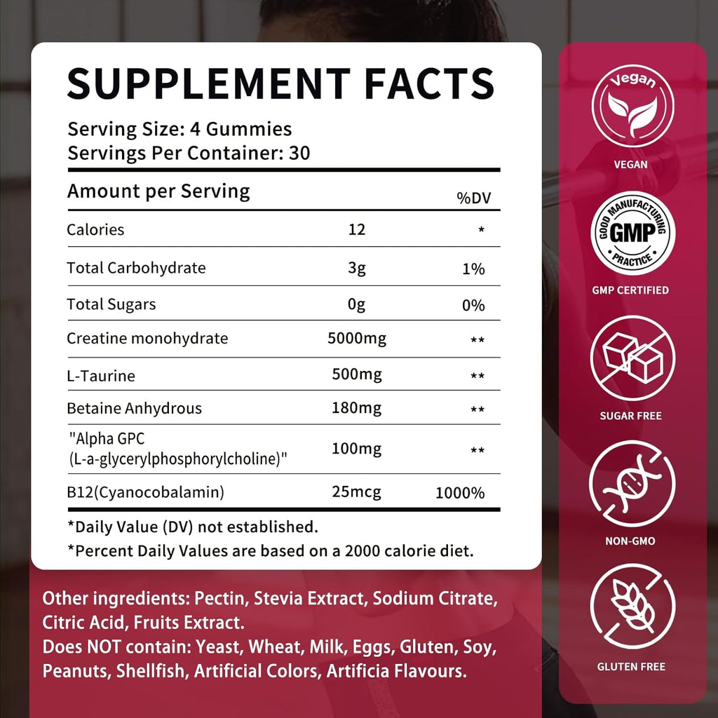 Creatine Monohydrate Gummies 5000Mg for Men & Women - Sugar Free Pre-Workout Supplement, Chewables for Muscle Strength, Muscle Builder, Energy Boost, Mixed Berry Flavor, 120 Count