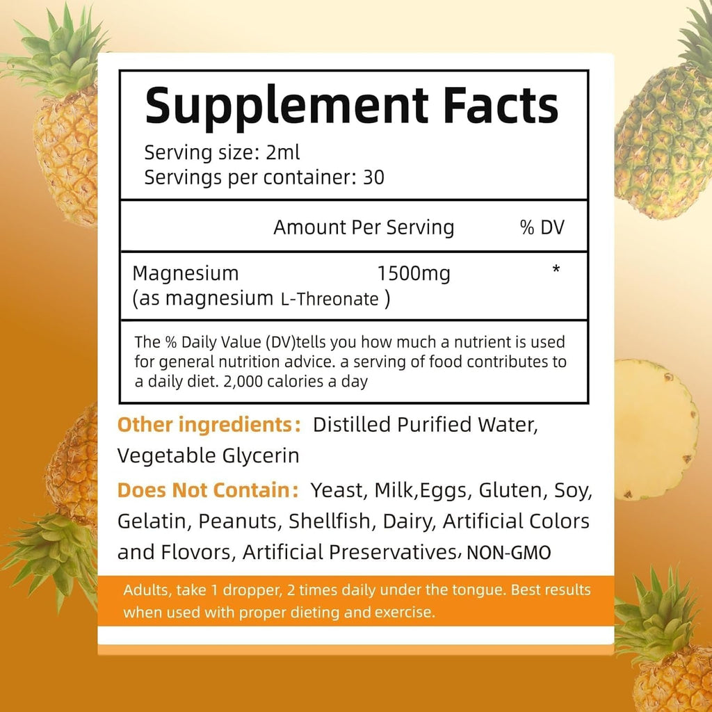 Magnesium L-Threonate Liquid Drops Restore Health Magnesium Levels Support Cardiovascular Promote Restful Sleep Relax Pineapple Flavor 60Ml