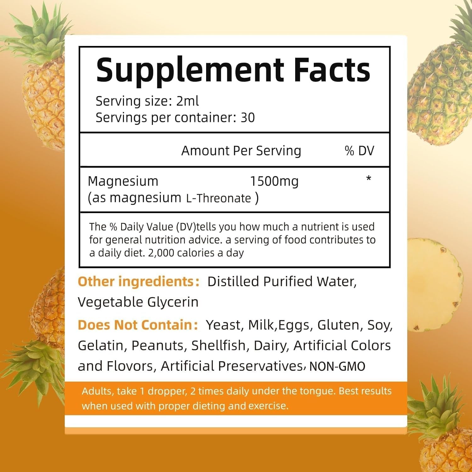 Magnesium L-Threonate Liquid Drops Restore Health Magnesium Levels Support Cardiovascular Promote Restful Sleep Relax Pineapple Flavor 60Ml