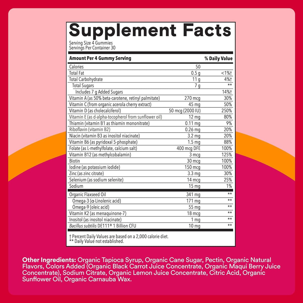 Smartypants Organic Women'S Multivitamin Gummies: Biotin, Probiotics, Methylfolate, Omega 3 (ALA), Vitamin D3, C, Vitamin B12, B6, A, K & Zinc, Inositol, Gluten Free, 120 Count (30 Day Supply)