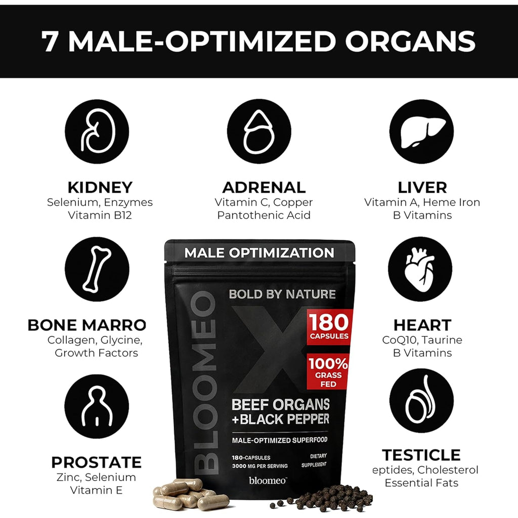 Beef Organ Supplement for Men | 100% Grass Fed Beef Liver Capsules with Bull Testicle, Prostate, Bone Marrow & More X: Ancestral Superfoods for Vital Energy, Immunity & Men’S Health, 180 Ct