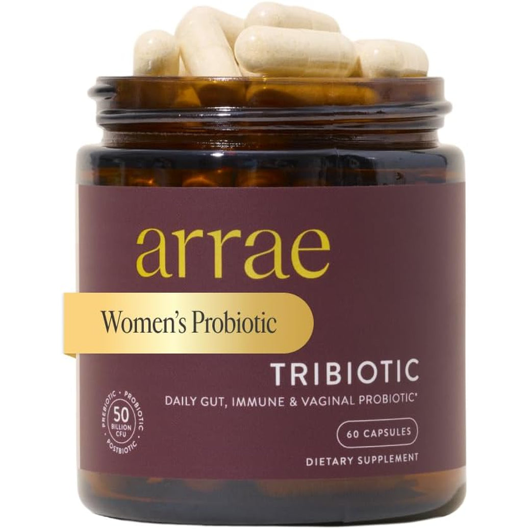 Arrae Tribiotic, Probiotics for Women, Support for Vaginal Ph Balance, Gut, Immune, and Feminine Health, Prebiotics, Probiotics, Postbiotics, 60 Count