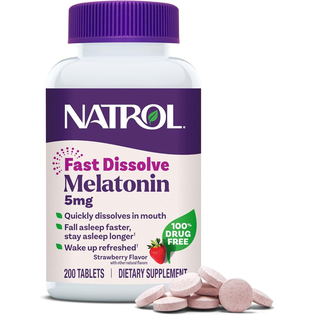Natrol Melatonin 5Mg Fast Dissolve Tablets, Sleep Support Supplements for Adults, Strawberry Flavor, 200 Tablets, up to 200 Day Supply