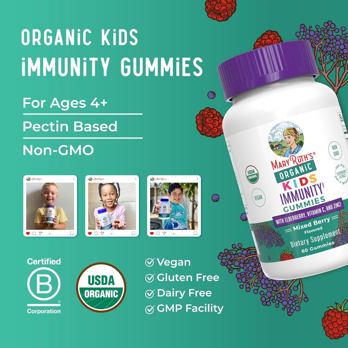 Maryruth Organics Kids Immune Support Gummies | USDA Organic | Vitamin C, Zinc, and Elderberry Gummies for Kids| Immune Support for Ages 4+ | Vegan | Non-Gmo | Gluten Free | 60 Count