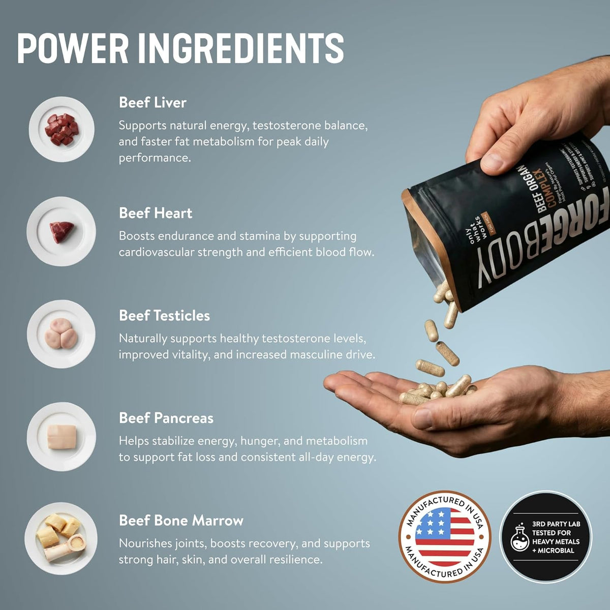 FORGEBODY® Beef Organ Complex Capsules [1 Month] - 100% Grass Fed Beef Organ Supplement with Blend of Liver, Heart, Bone Marrow, Pancreas & Testicles - Supports Body Health & Brain Function (Non-Gmo)