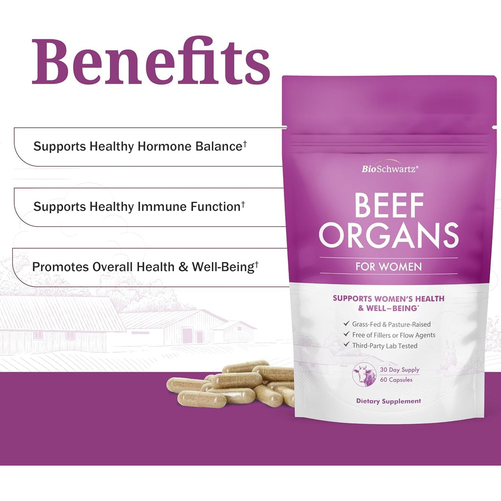 Bioschwartz Primal Beef Organ Supplement for Women - 60 Capsules - Grass-Fed & Pasture-Raised - Supports Healthy Hair Skin and Nails, Hormone Balance - with Bovine Liver, Kidney, Heart, Uterus Powder